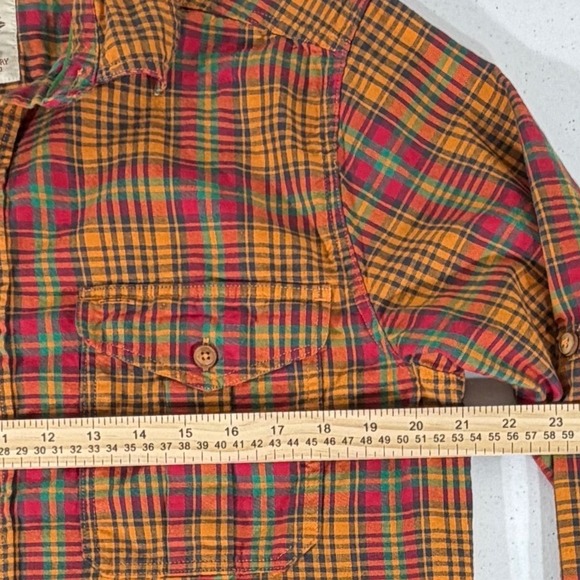 The Territory Ahead Mens Flannel Shirt Size Medium Orange Plaid Roll Tab Sleeve - Picture 9 of 9